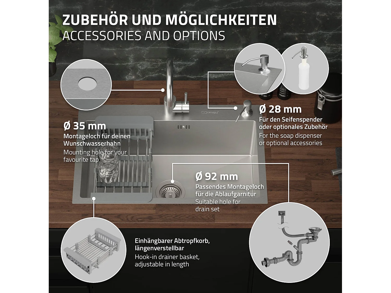 Lavello in acciaio inox lavabo da incasso cucina dispenser sapone 68 x 45 cm