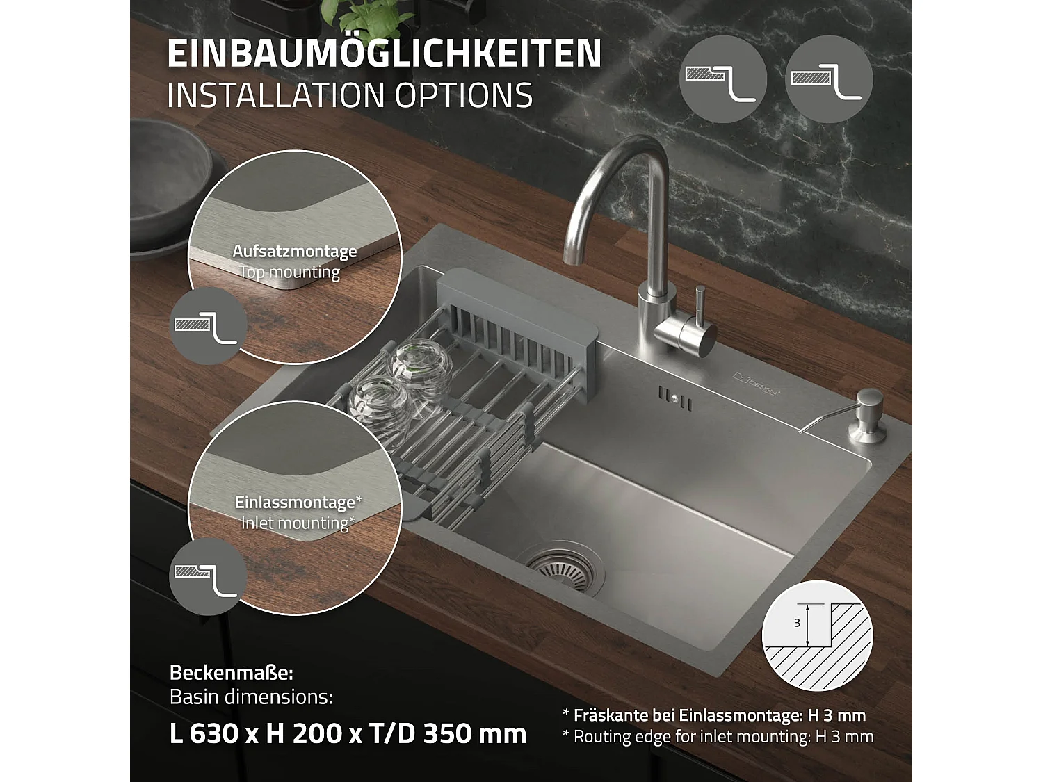 Lavello in acciaio inox lavabo da incasso cucina dispenser sapone 68 x 45 cm