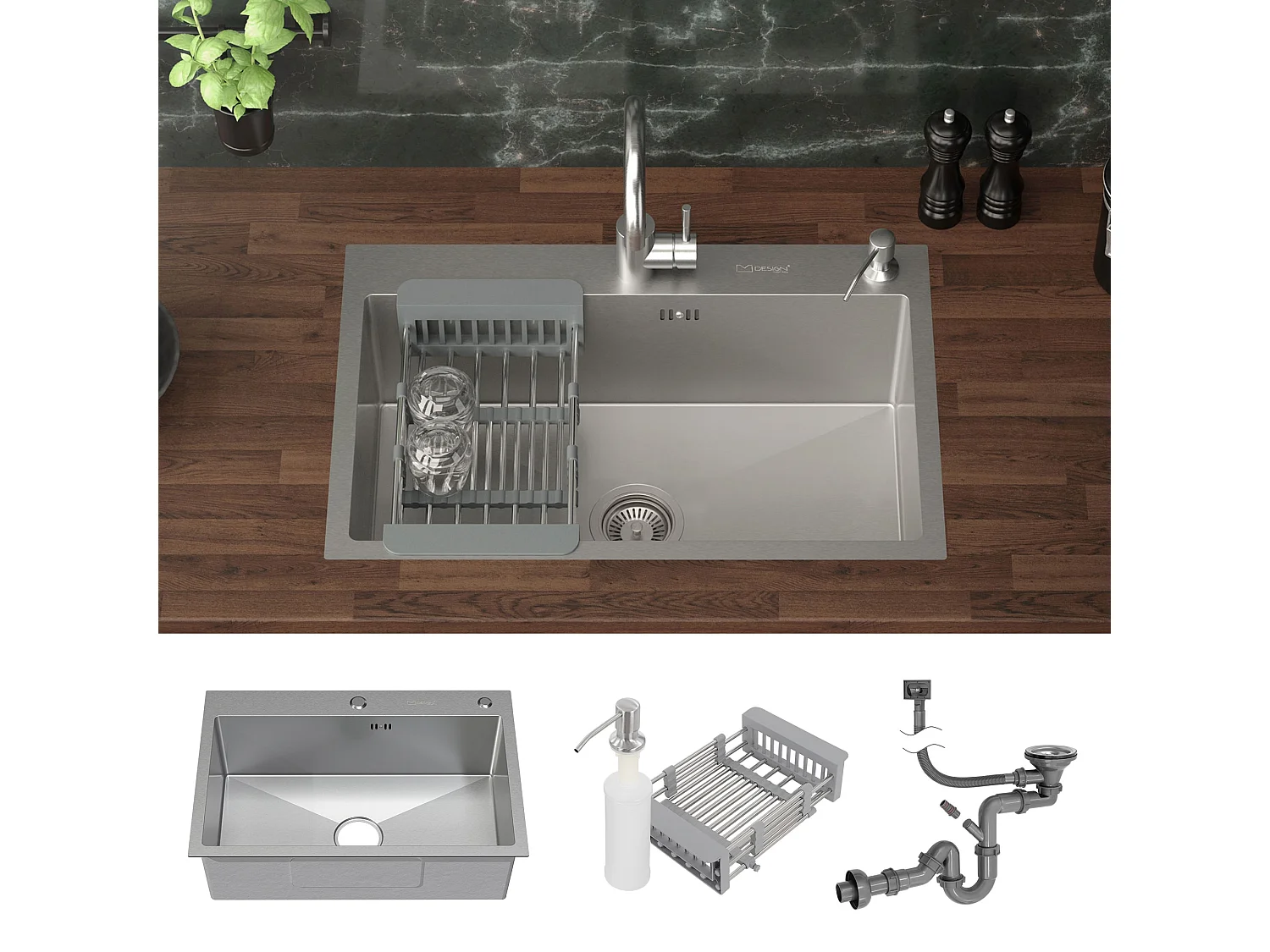 Lavello in acciaio inox lavabo da incasso cucina dispenser sapone 68 x 45 cm