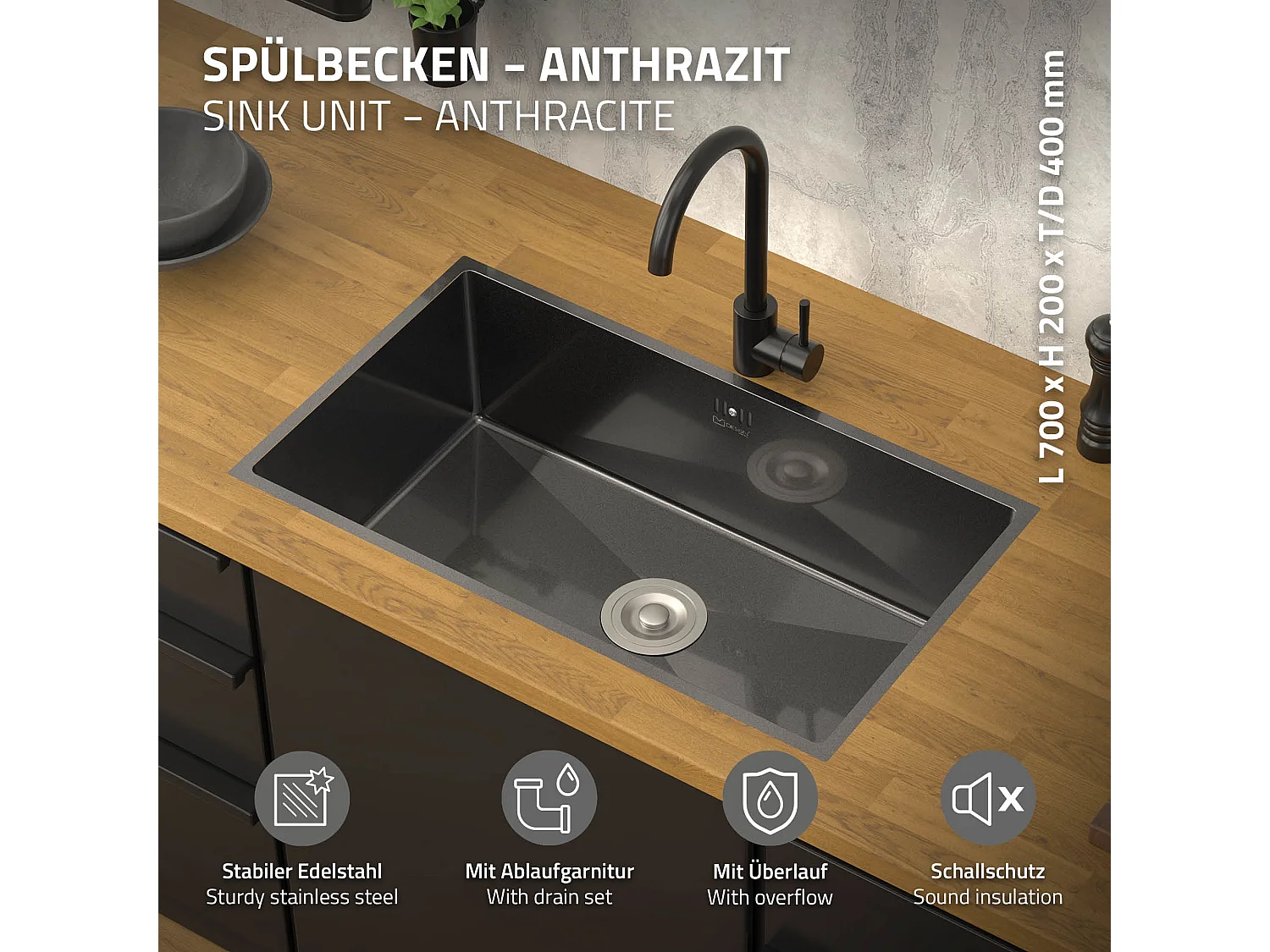 Évier de cuisine en acier inoxydable à encastrer anthracite avec vidage 70x40 cm