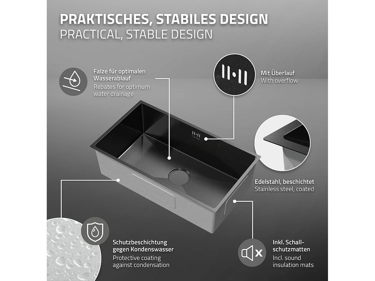 Évier de cuisine en acier inoxydable à encastrer anthracite avec vidage 70x40 cm