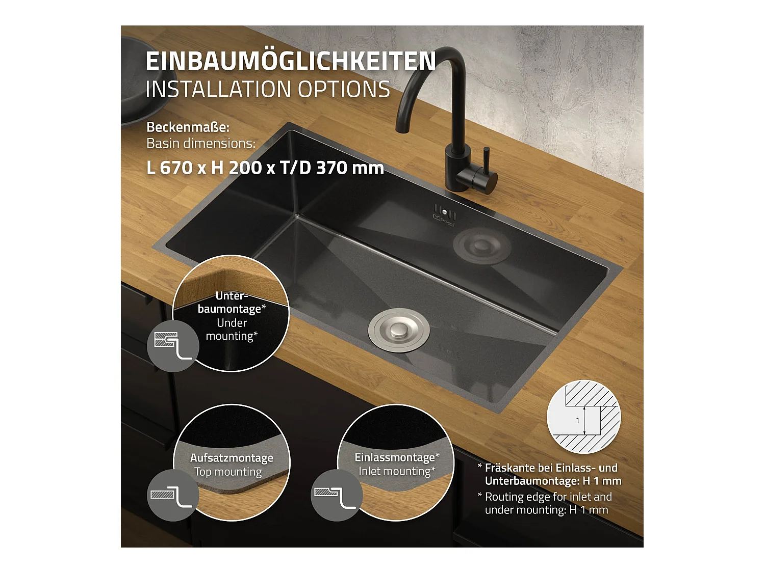 Évier de cuisine en acier inoxydable à encastrer anthracite avec vidage 70x40 cm