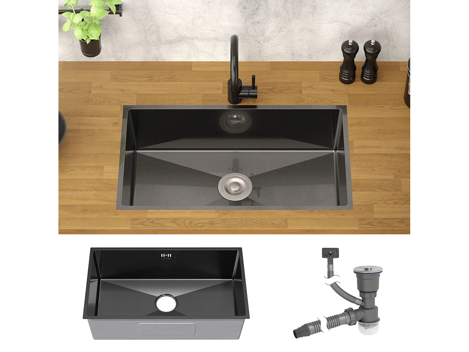 Évier de cuisine en acier inoxydable à encastrer anthracite avec vidage 70x40 cm