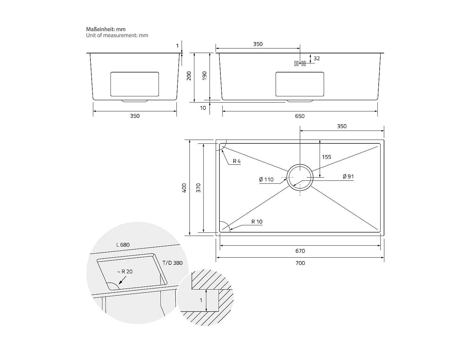 Lavello cucina acciaio antracite lavabo da incasso 70x40 cm vasca set di scarico