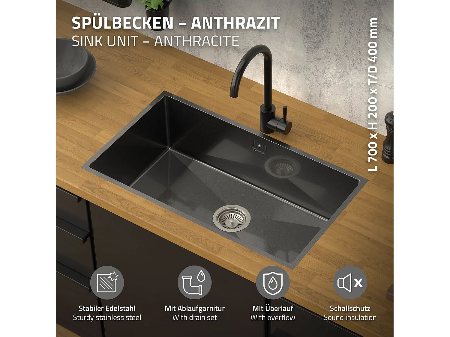 Fregadero XXL de cocina un seno 70x40cm antracita lavabo con desagüe/rebosadero