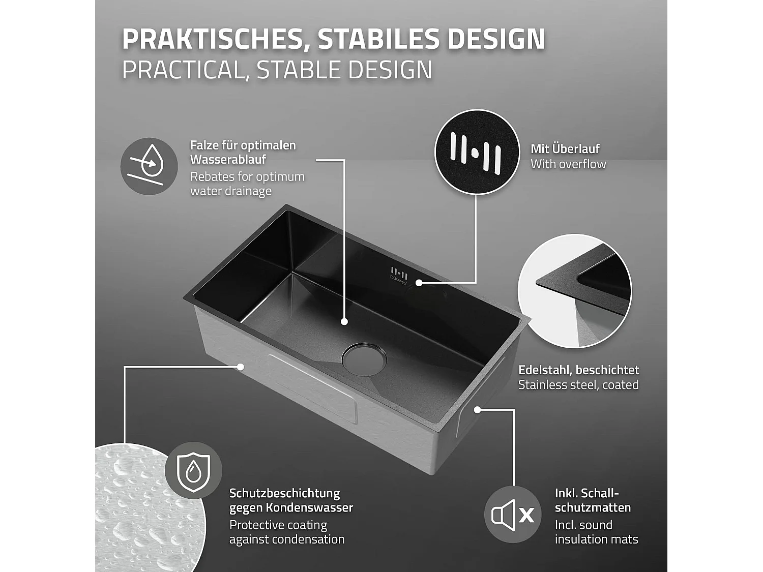 Fregadero XXL de cocina un seno 70x40cm antracita lavabo con desagüe/rebosadero