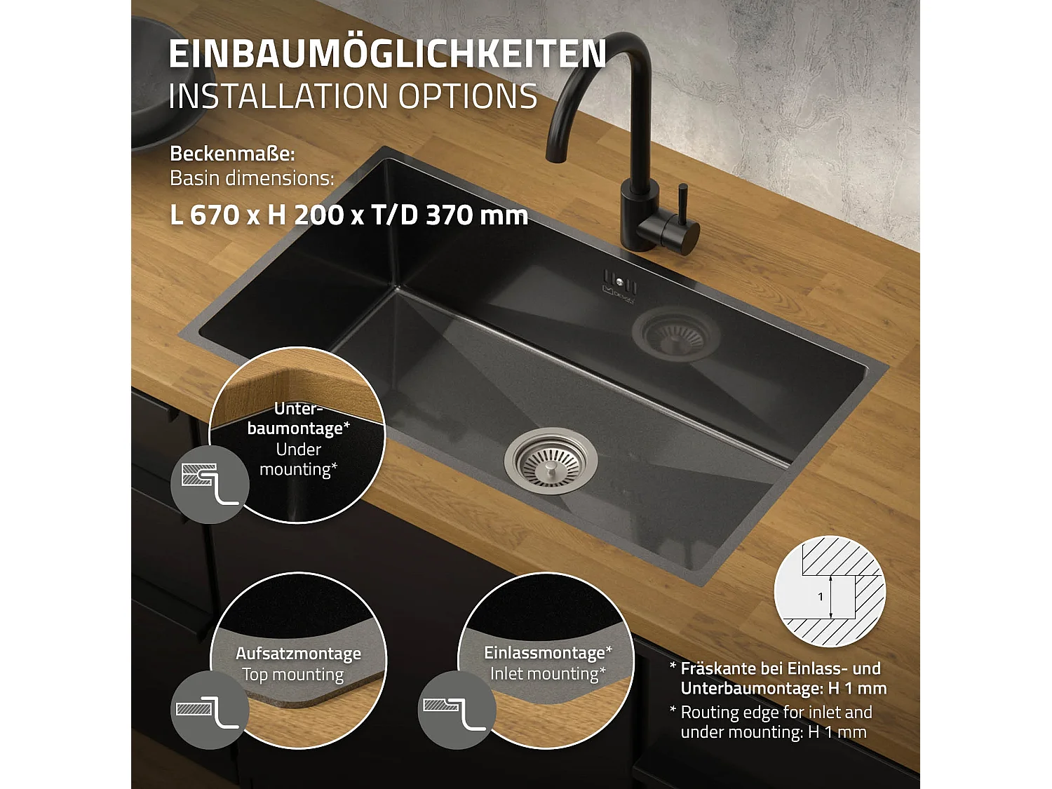 Fregadero XXL de cocina un seno 70x40cm antracita lavabo con desagüe/rebosadero