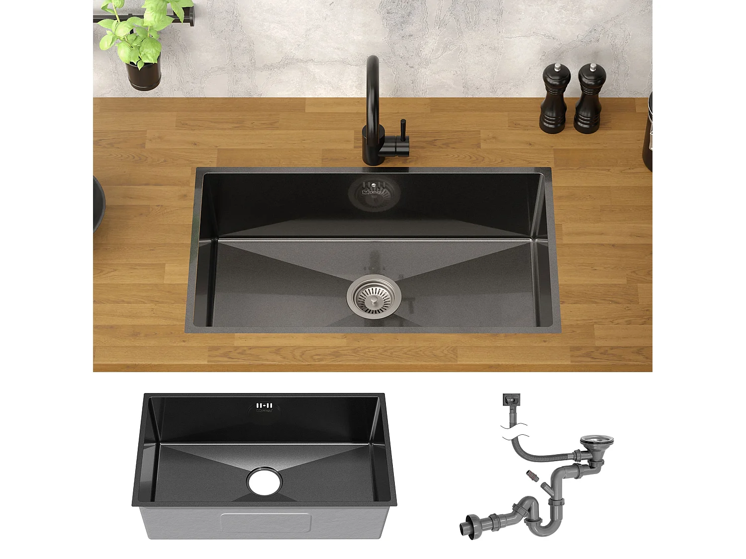 Fregadero XXL de cocina un seno 70x40cm antracita lavabo con desagüe/rebosadero