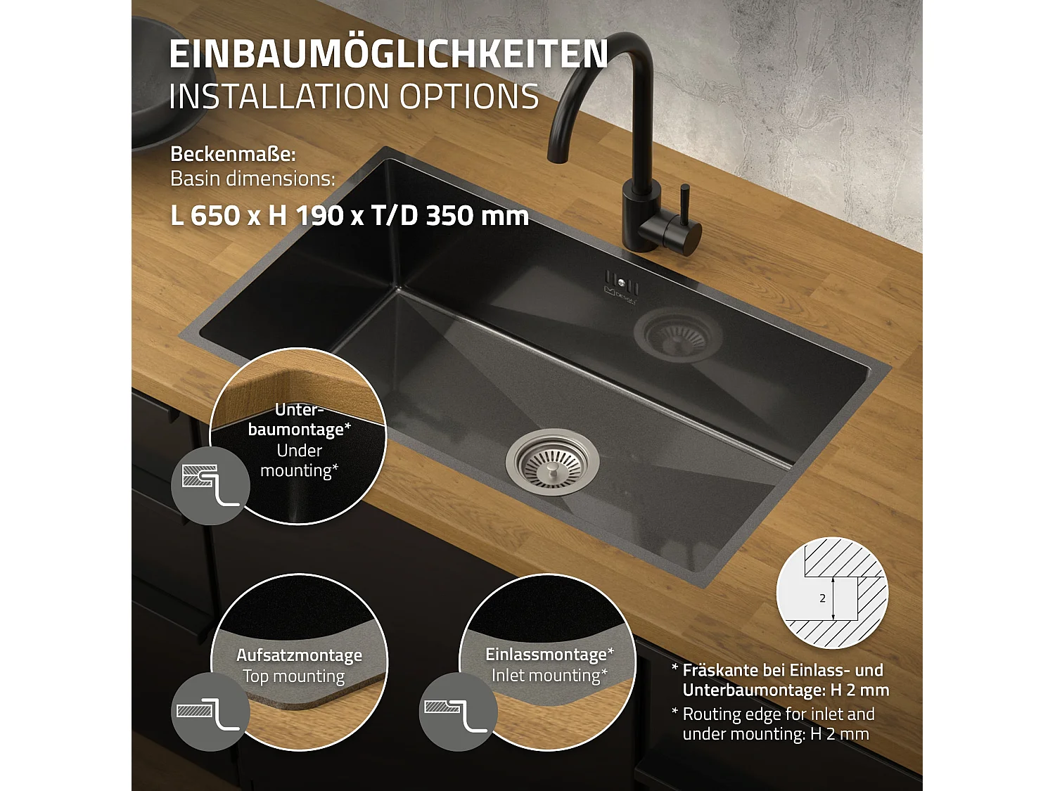 Évier de cuisine 70x40 cm anthracite acier inoxydable rectangulaire avec vidage et trop-plein montage à encastrer sous plan 1 bac simple avec siphon
