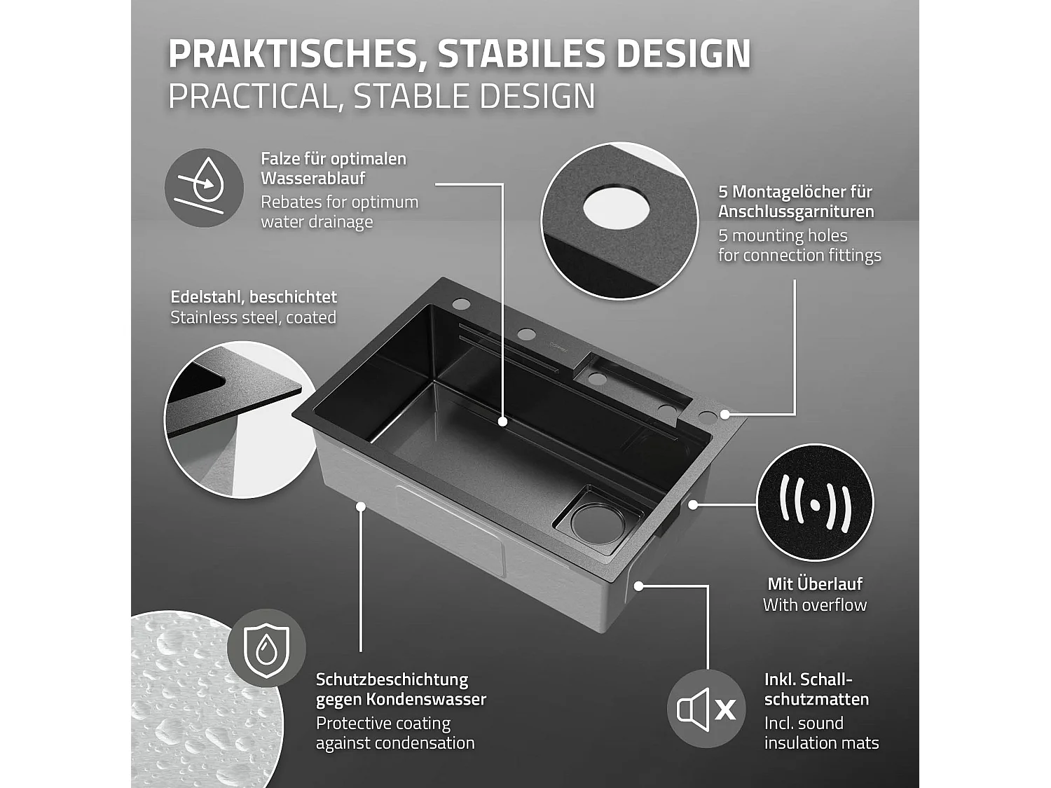 Évier de cuisine encasté multifonctions robinet douchette 68x46 cm anthracite