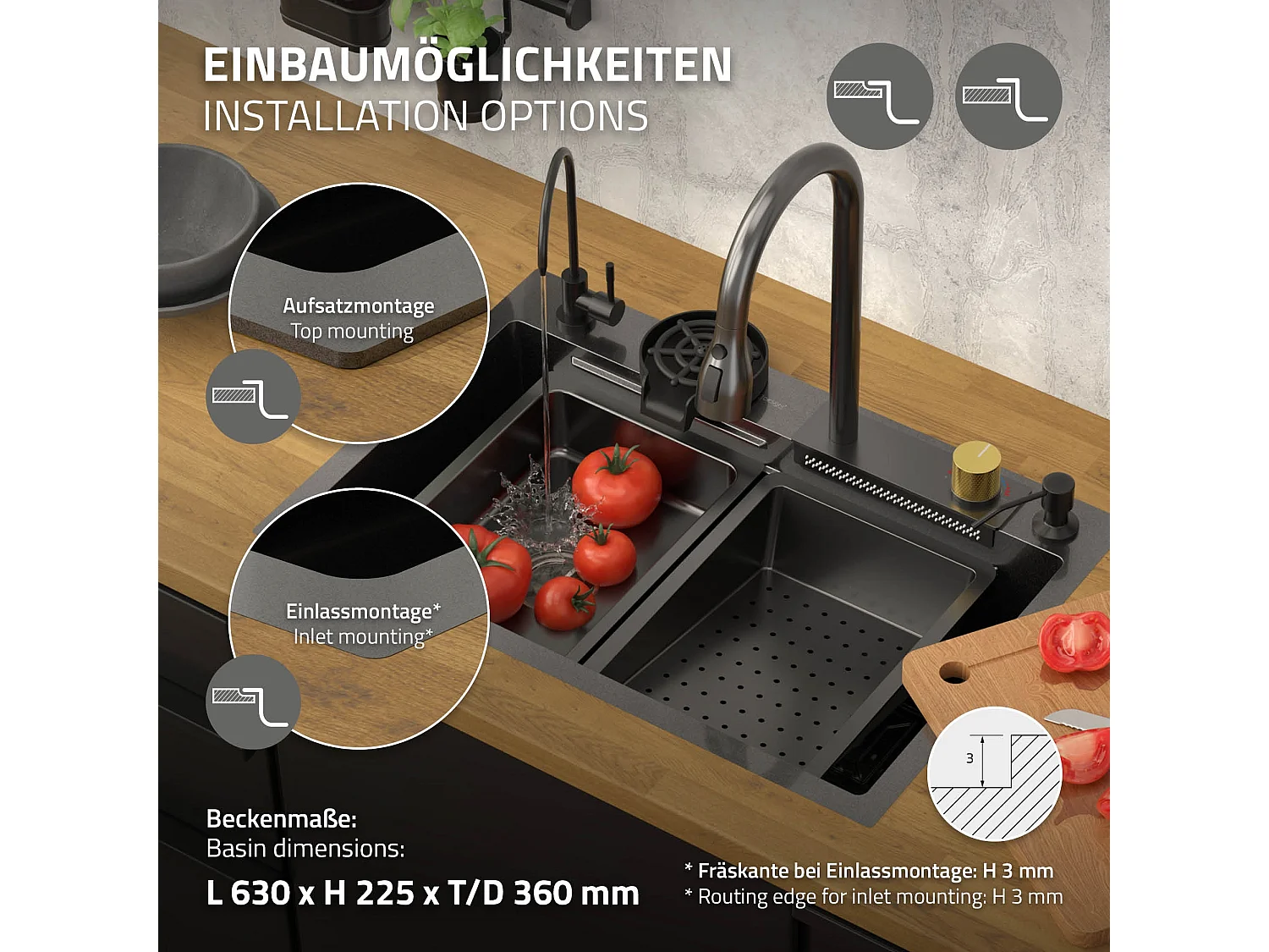 Évier de cuisine encasté multifonctions robinet douchette 68x46 cm anthracite