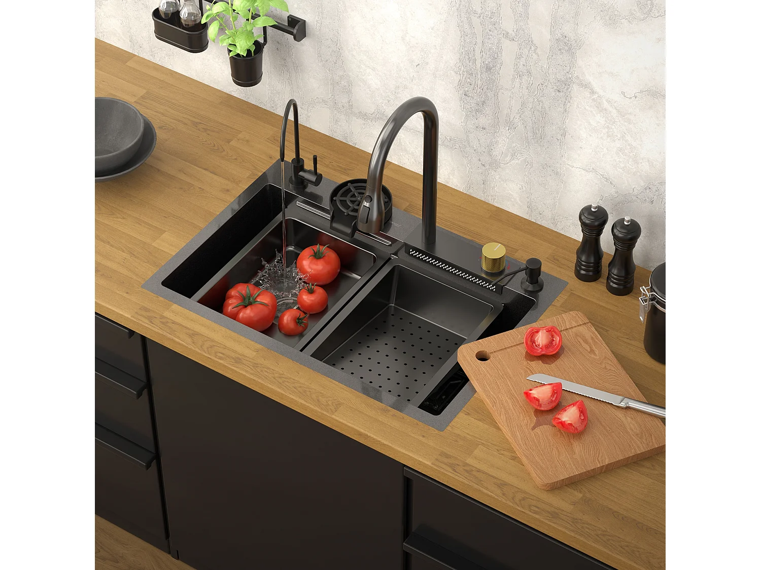 Évier de cuisine encasté multifonctions robinet douchette 68x46 cm anthracite