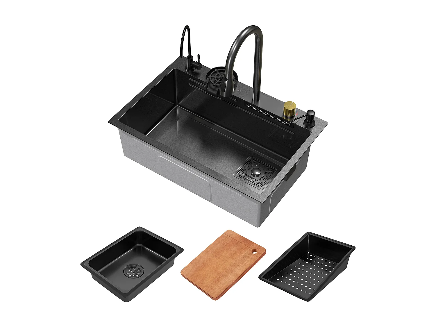 Fregadero de cocina 68x46 cm lavabo rectangular antracita acero con accesorios