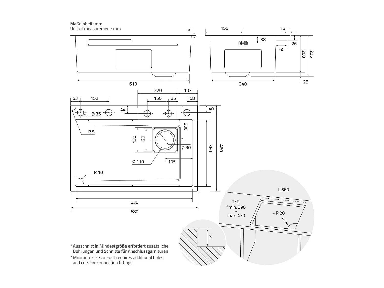 Fregadero de cocina 68x46 cm lavabo rectangular antracita acero con accesorios