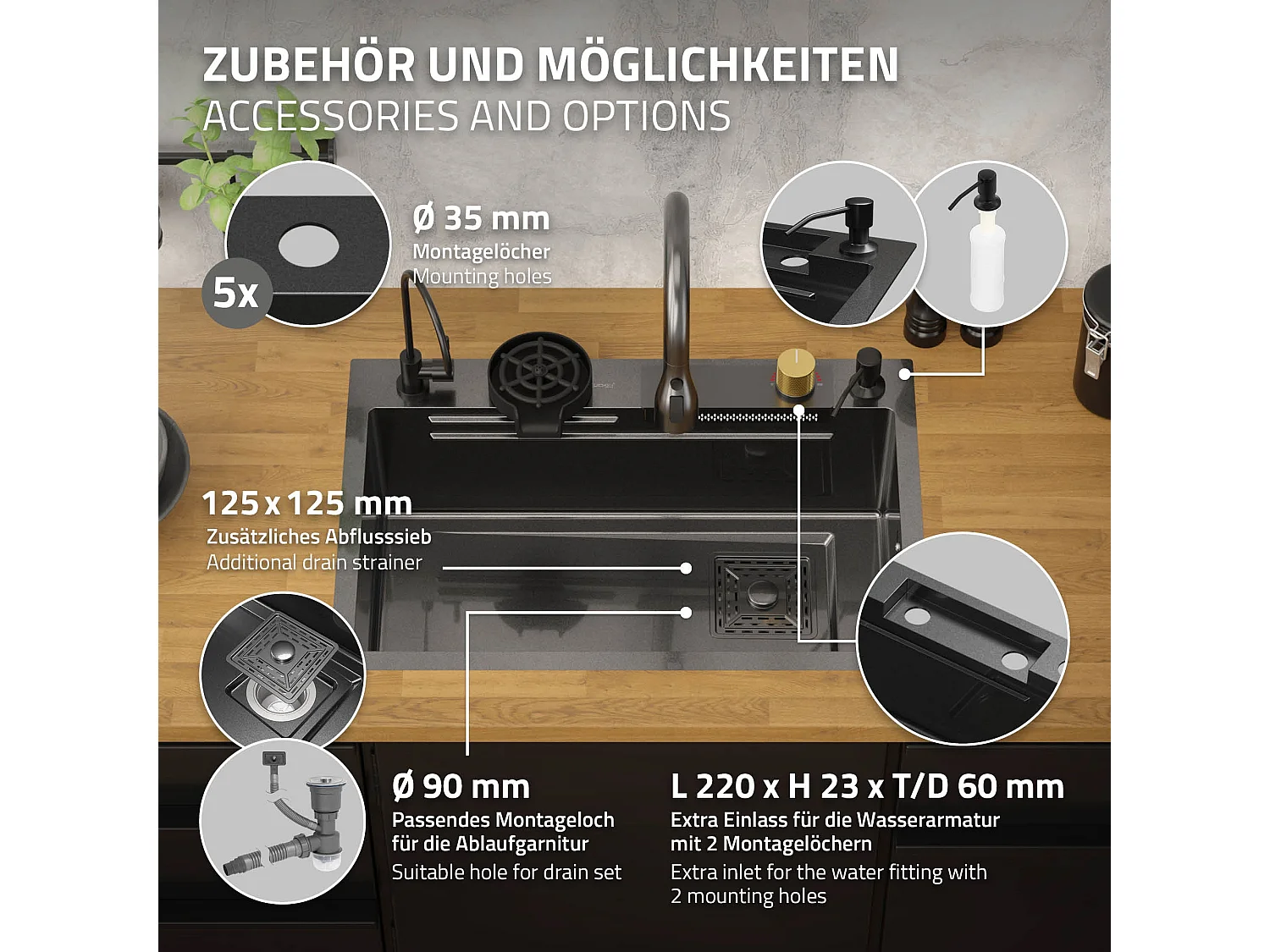 Fregadero de cocina 68x46 cm lavabo rectangular antracita acero con accesorios