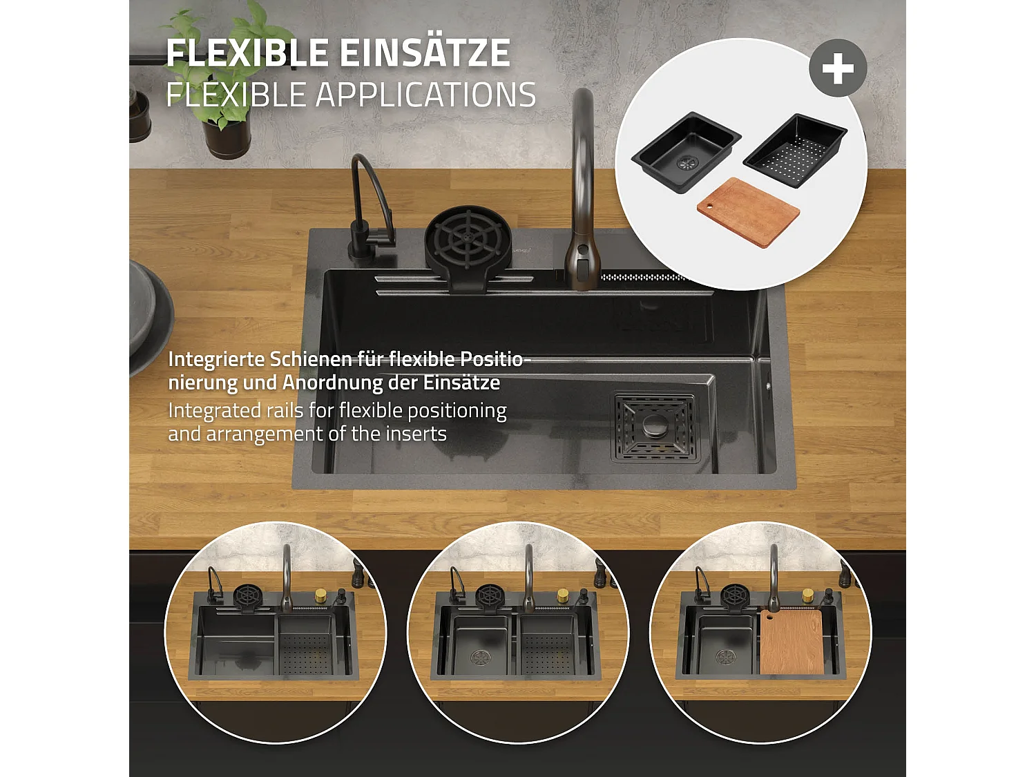 Fregadero de cocina 68x46 cm lavabo rectangular antracita acero con accesorios