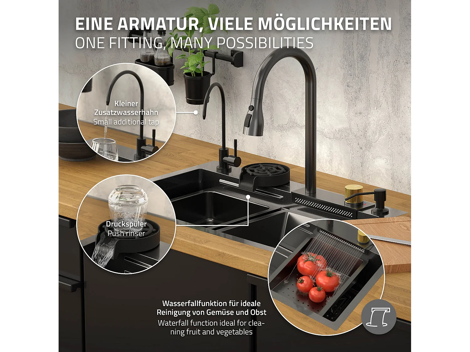 Fregadero de cocina 68x46 cm lavabo rectangular antracita acero con accesorios