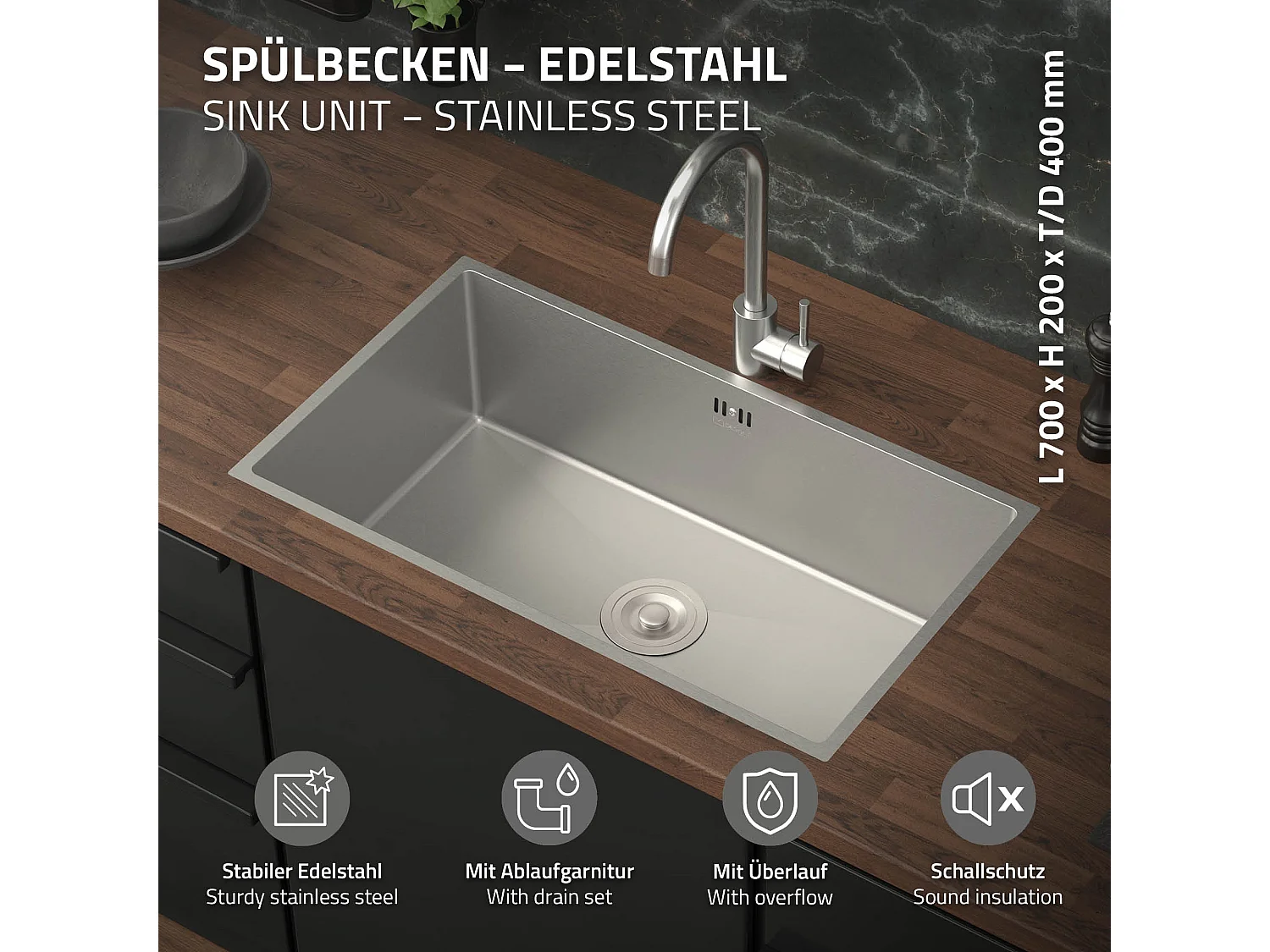 Fregadero XXL de cocina un seno 70x40cm plateado lavabo con desagüe y rebosadero