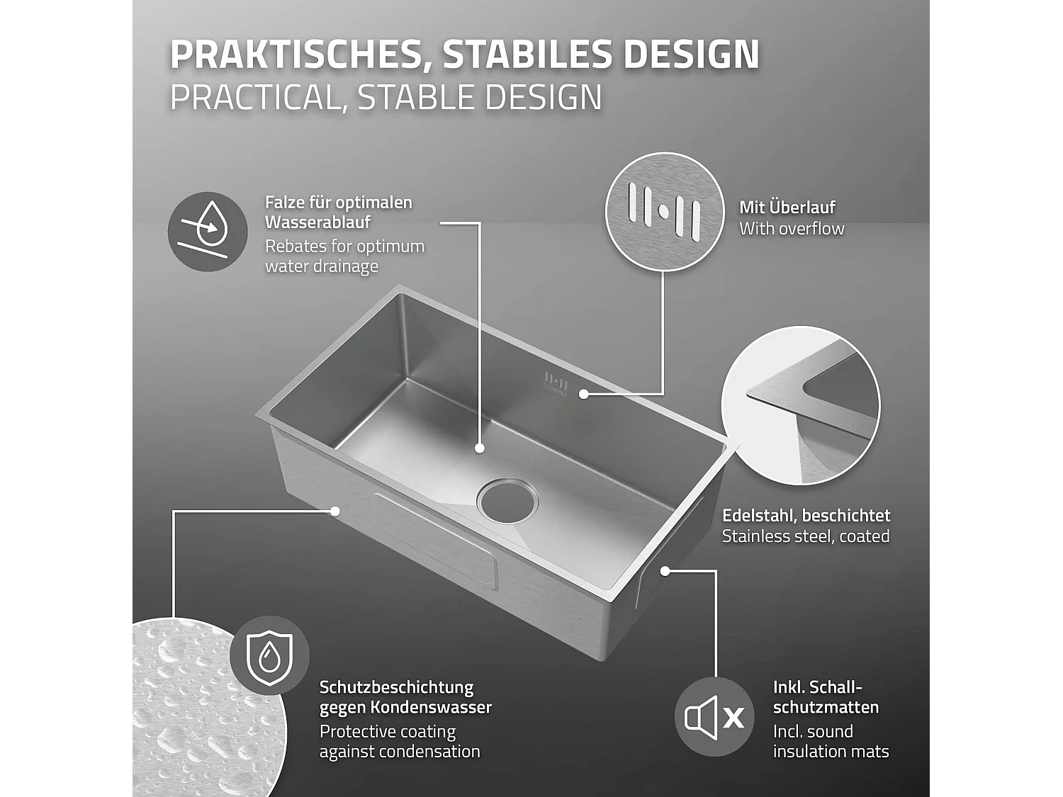 Fregadero XXL de cocina un seno 70x40cm plateado lavabo con desagüe y rebosadero
