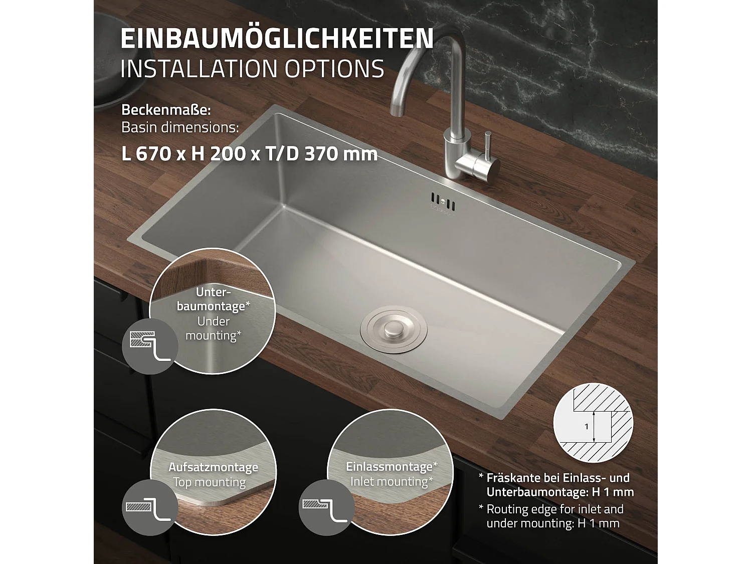 Fregadero XXL de cocina un seno 70x40cm plateado lavabo con desagüe y rebosadero