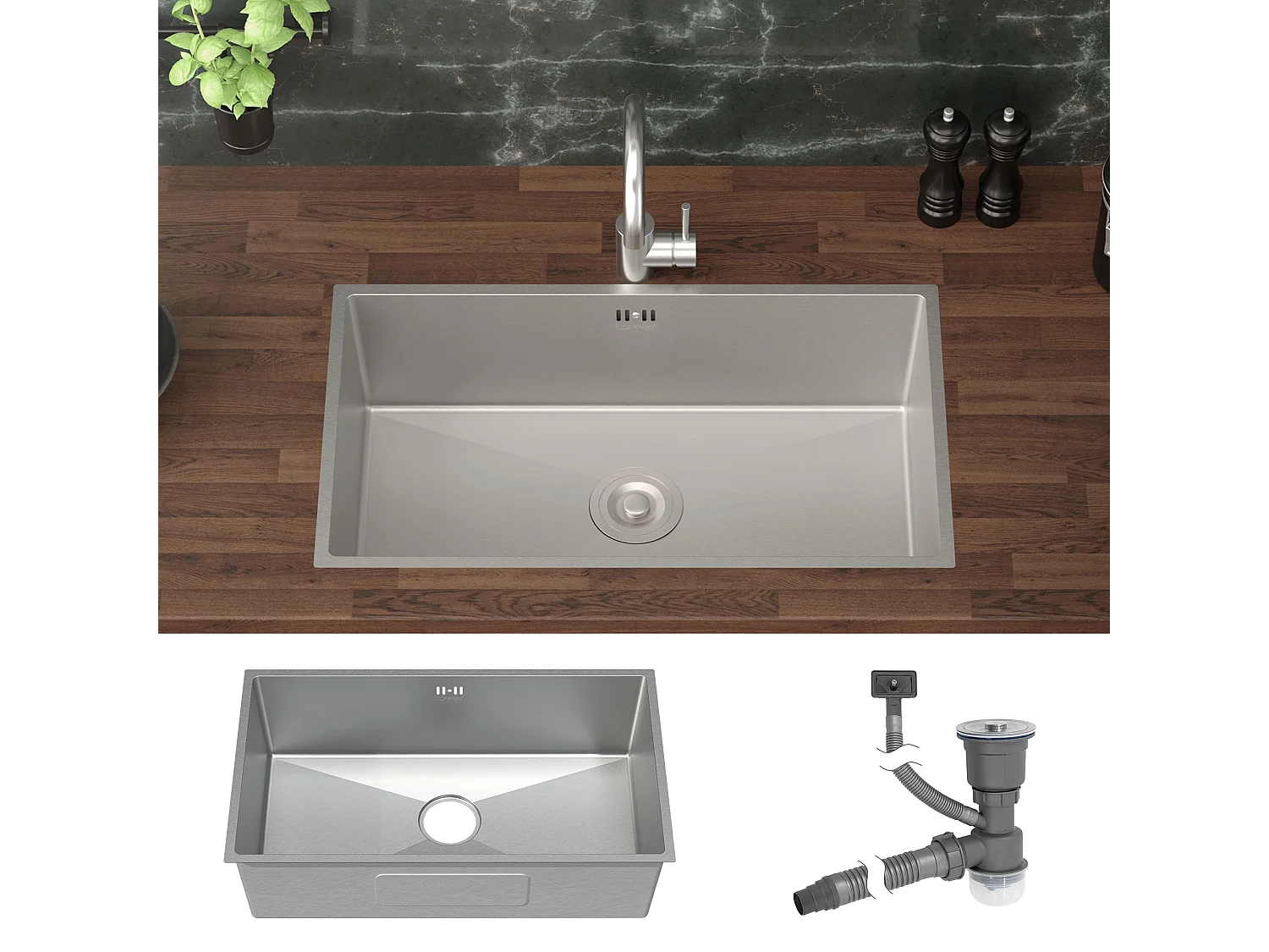 Fregadero XXL de cocina un seno 70x40cm plateado lavabo con desagüe y rebosadero