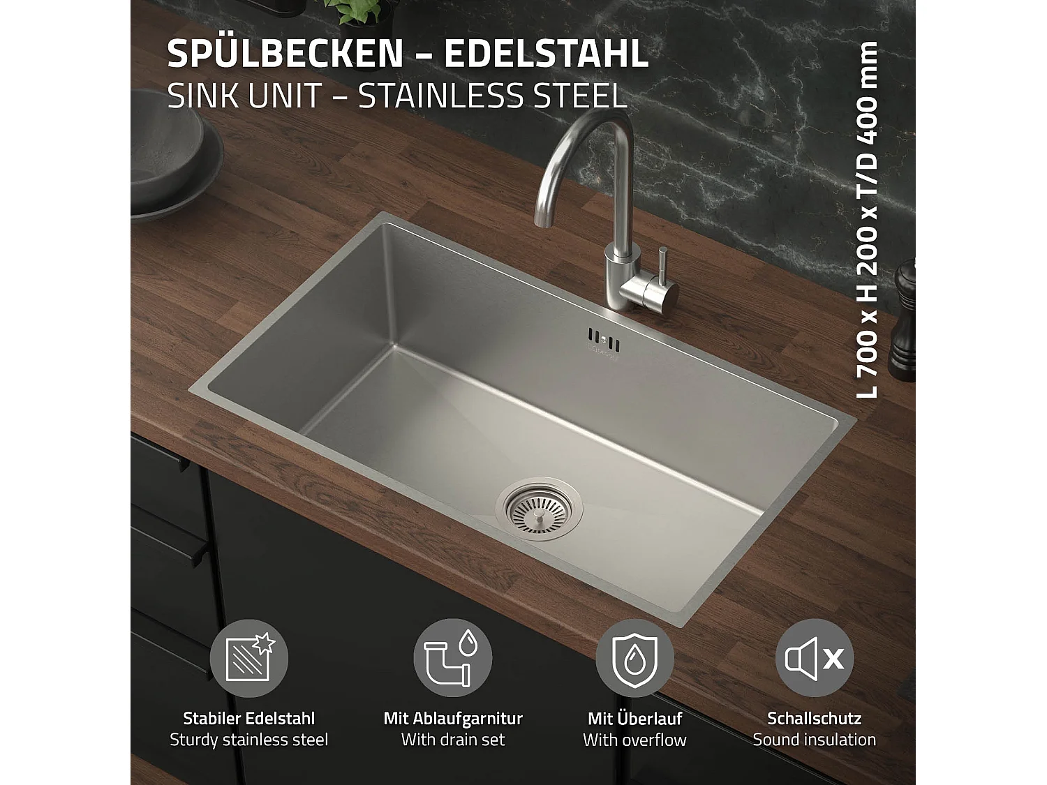 Lavello cucina acciaio argento lavabo da incasso 70x40 cm vasca set di scarico