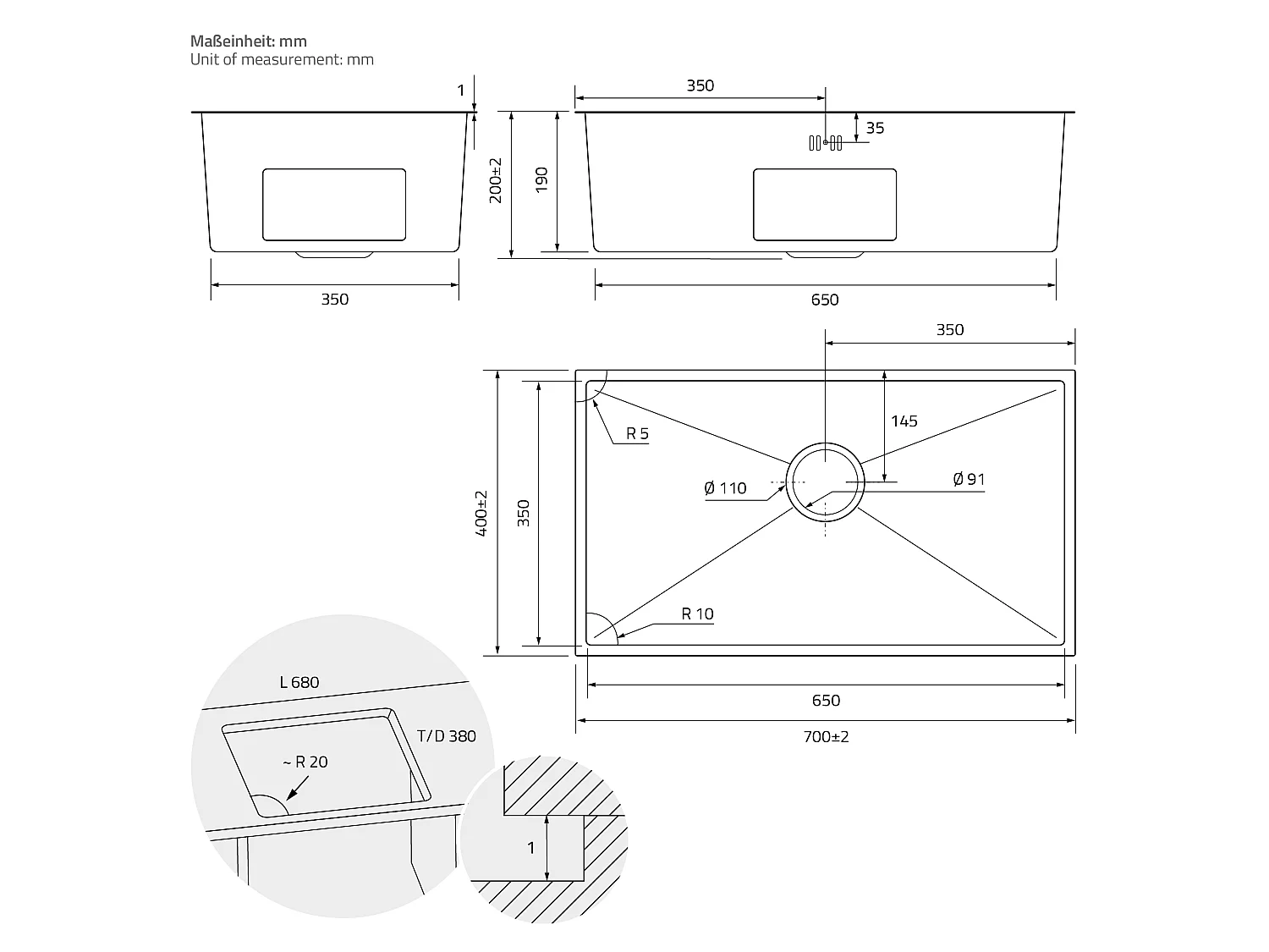 Lavello cucina acciaio argento lavabo da incasso 70x40 cm vasca set di scarico