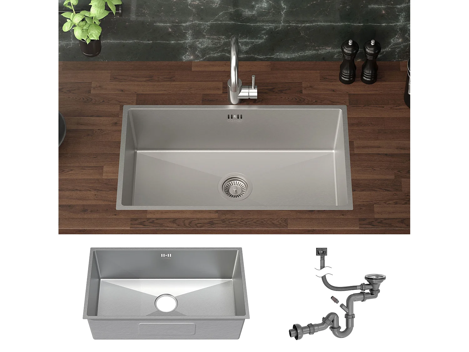 Lavello cucina acciaio argento lavabo da incasso 70x40 cm vasca set di scarico