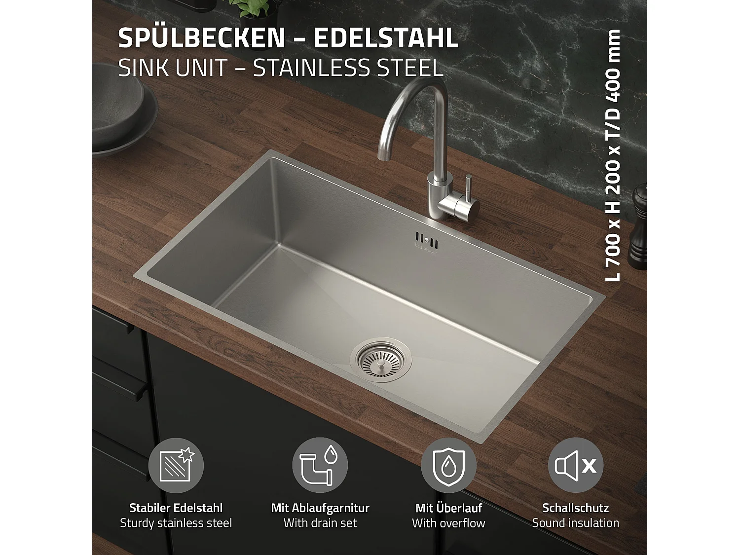 ML-Design Fregadero XXL de cocina de un seno 70x40cm plateado lavabo sobre encimera o enrasado con juego de desagüe, dosificador de jabon y rebosadero