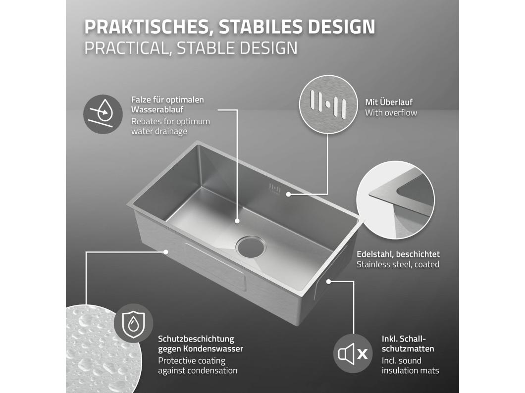 Fregadero XXL de cocina un seno 70x40cm plateado lavabo con desagüe y rebosadero