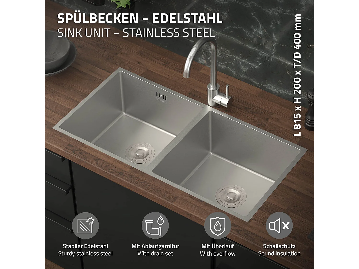 Évier double inox cuisine bac à encastrer argent + vidage trop-plein 81,5x40 cm