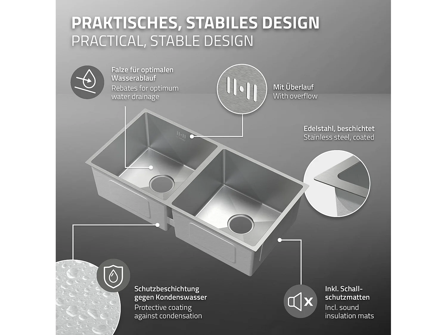 Évier double inox cuisine bac à encastrer argent + vidage trop-plein 81,5x40 cm