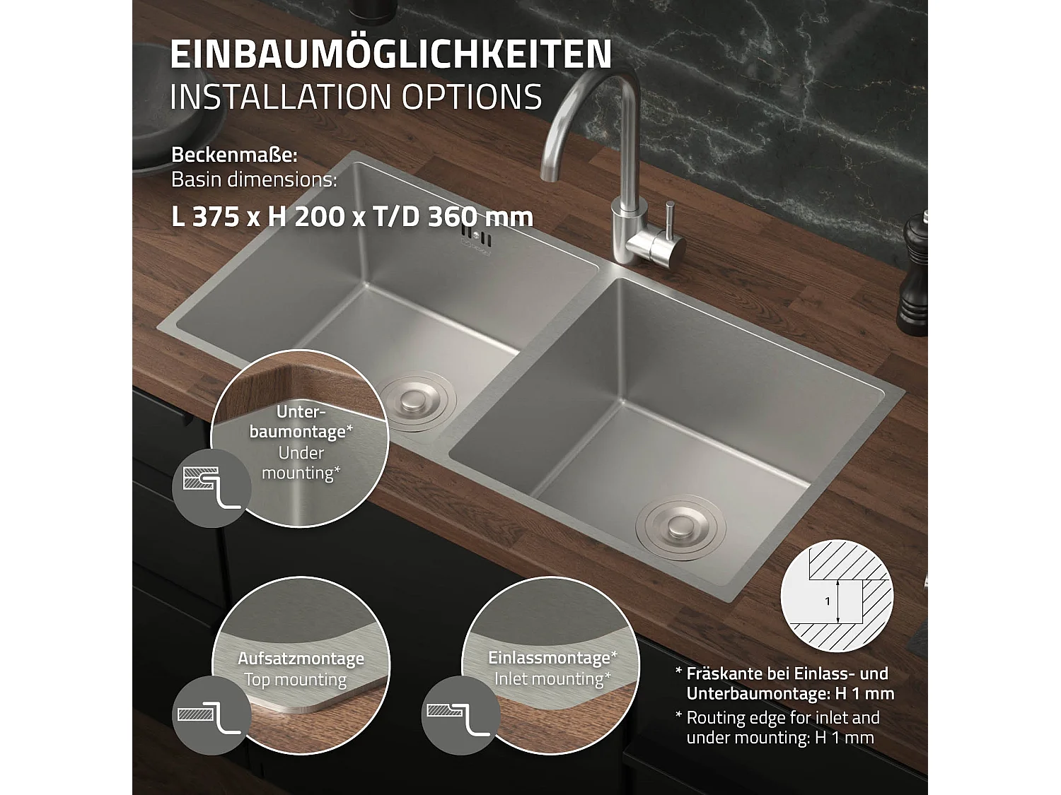 Évier double inox cuisine bac à encastrer argent + vidage trop-plein 81,5x40 cm