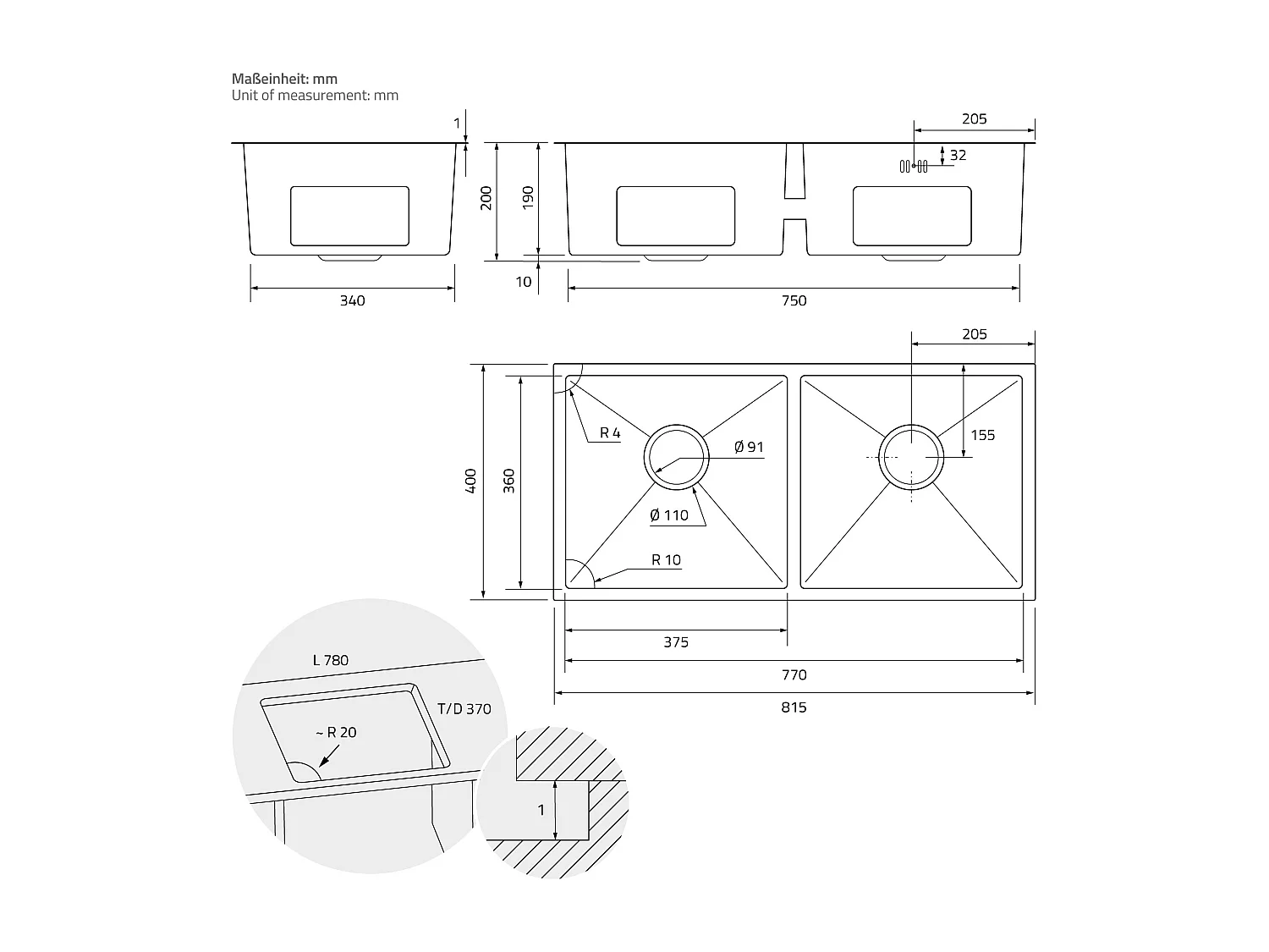 Évier double inox cuisine bac à encastrer argent + vidage trop-plein 81,5x40 cm