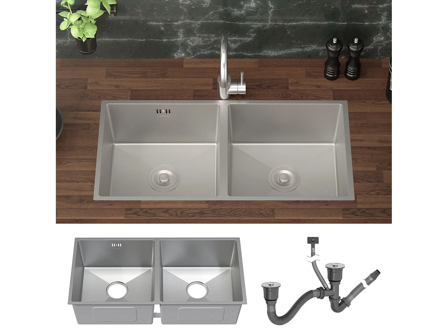Évier double inox cuisine bac à encastrer argent + vidage trop-plein 81,5x40 cm
