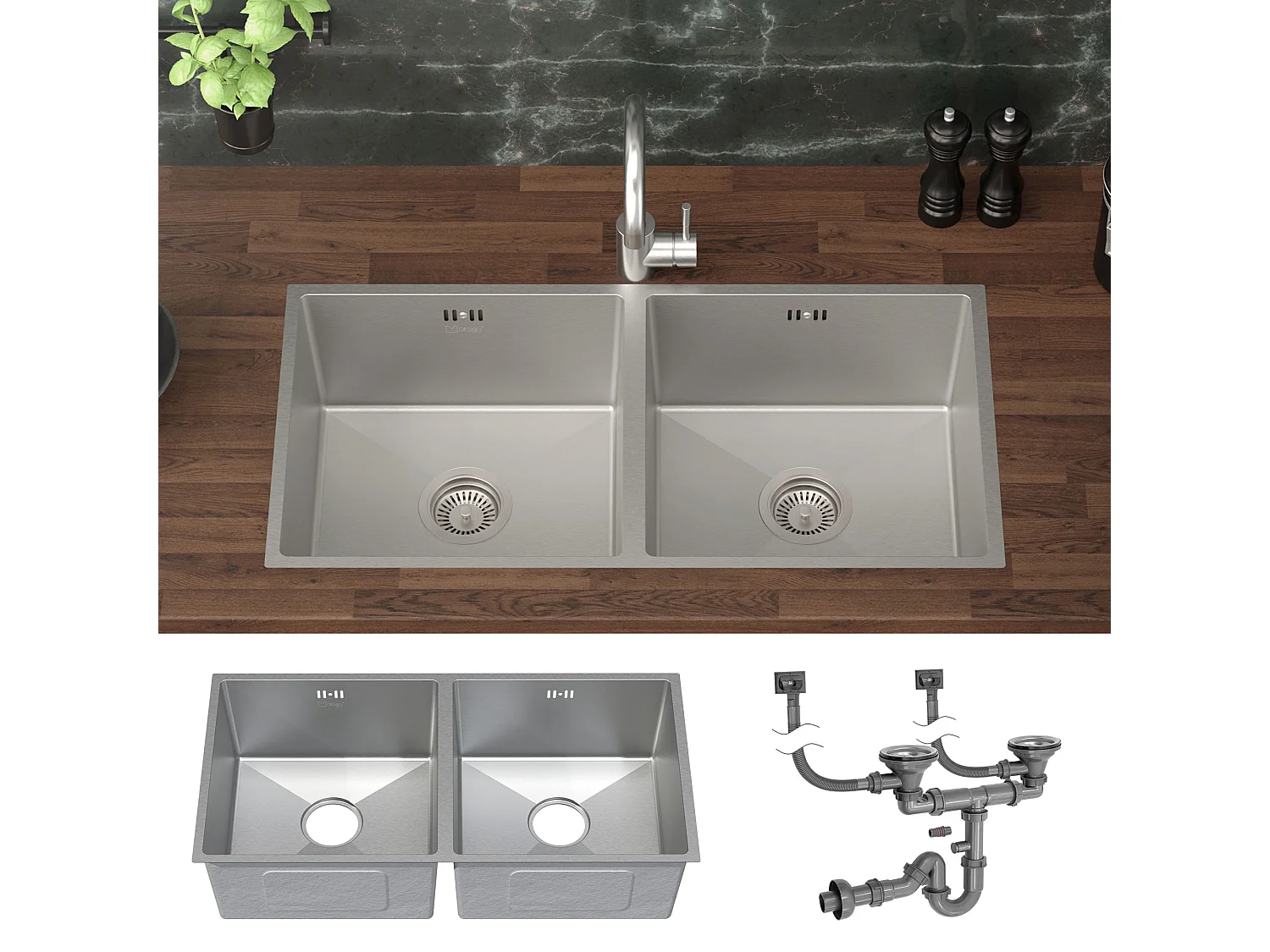 ML-Design Lavello doppio da incasso cucina 81,5 x 40 cm in acciaio inox argento 2 vasche lavabo sottopiano con piletta di scarico e troppopieno