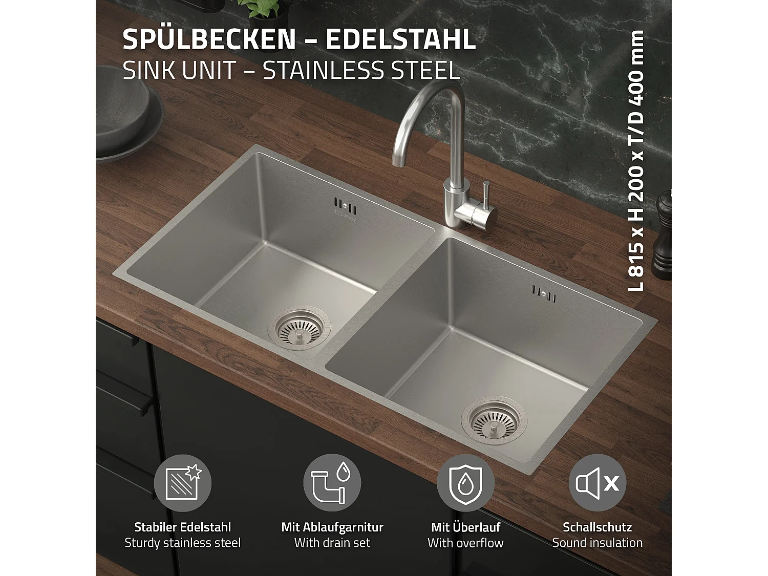ML-Design Lavello doppio da incasso cucina 81,5 x 40 cm in acciaio inox argento 2 vasche lavabo sottopiano con piletta di scarico e troppopieno