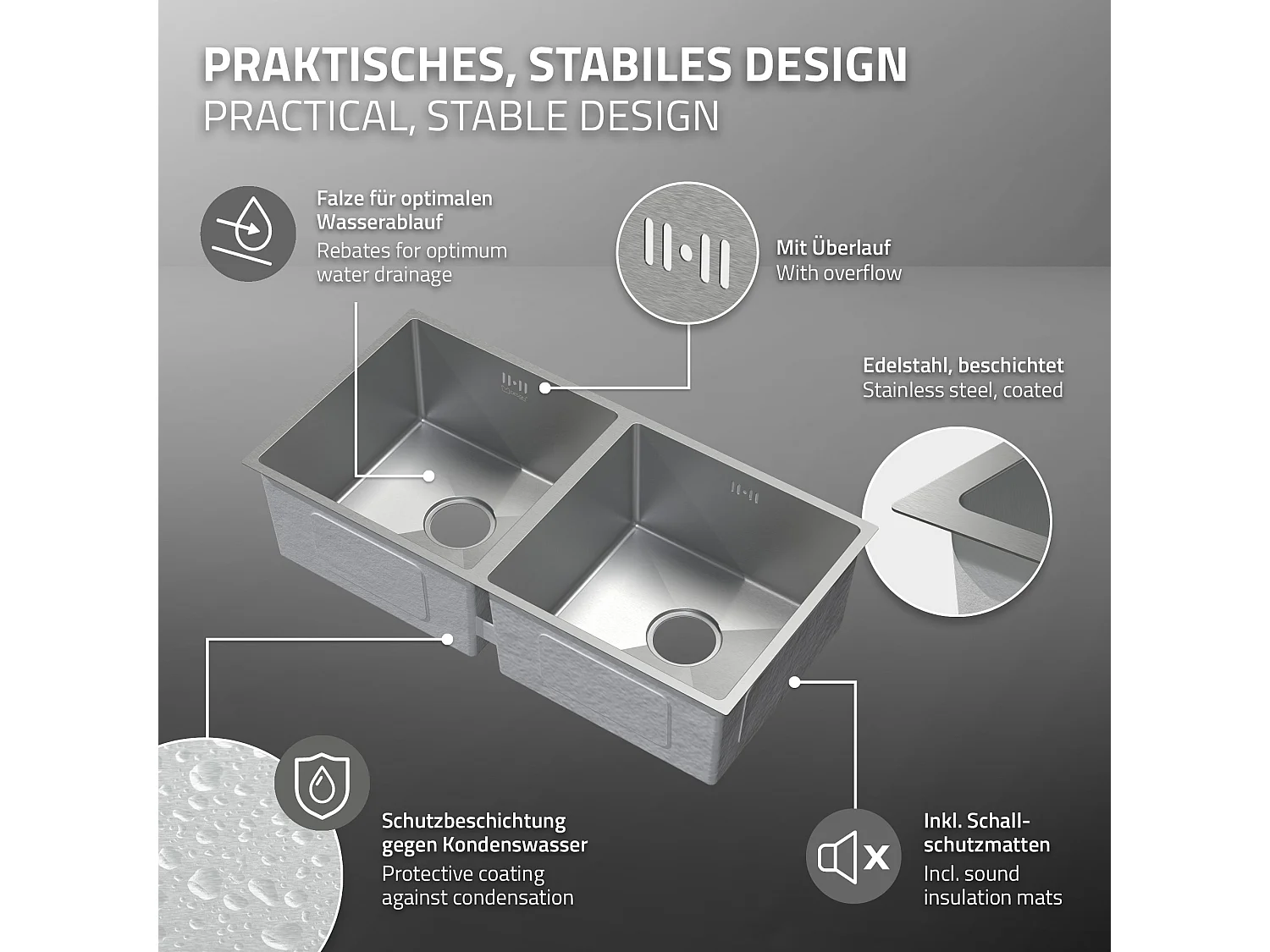 ML-Design Lavello doppio da incasso cucina 81,5 x 40 cm in acciaio inox argento 2 vasche lavabo sottopiano con piletta di scarico e troppopieno