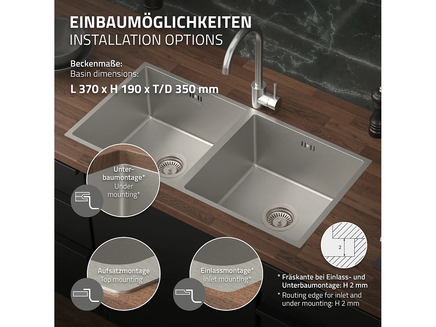 ML-Design Lavello doppio da incasso cucina 81,5 x 40 cm in acciaio inox argento 2 vasche lavabo sottopiano con piletta di scarico e troppopieno