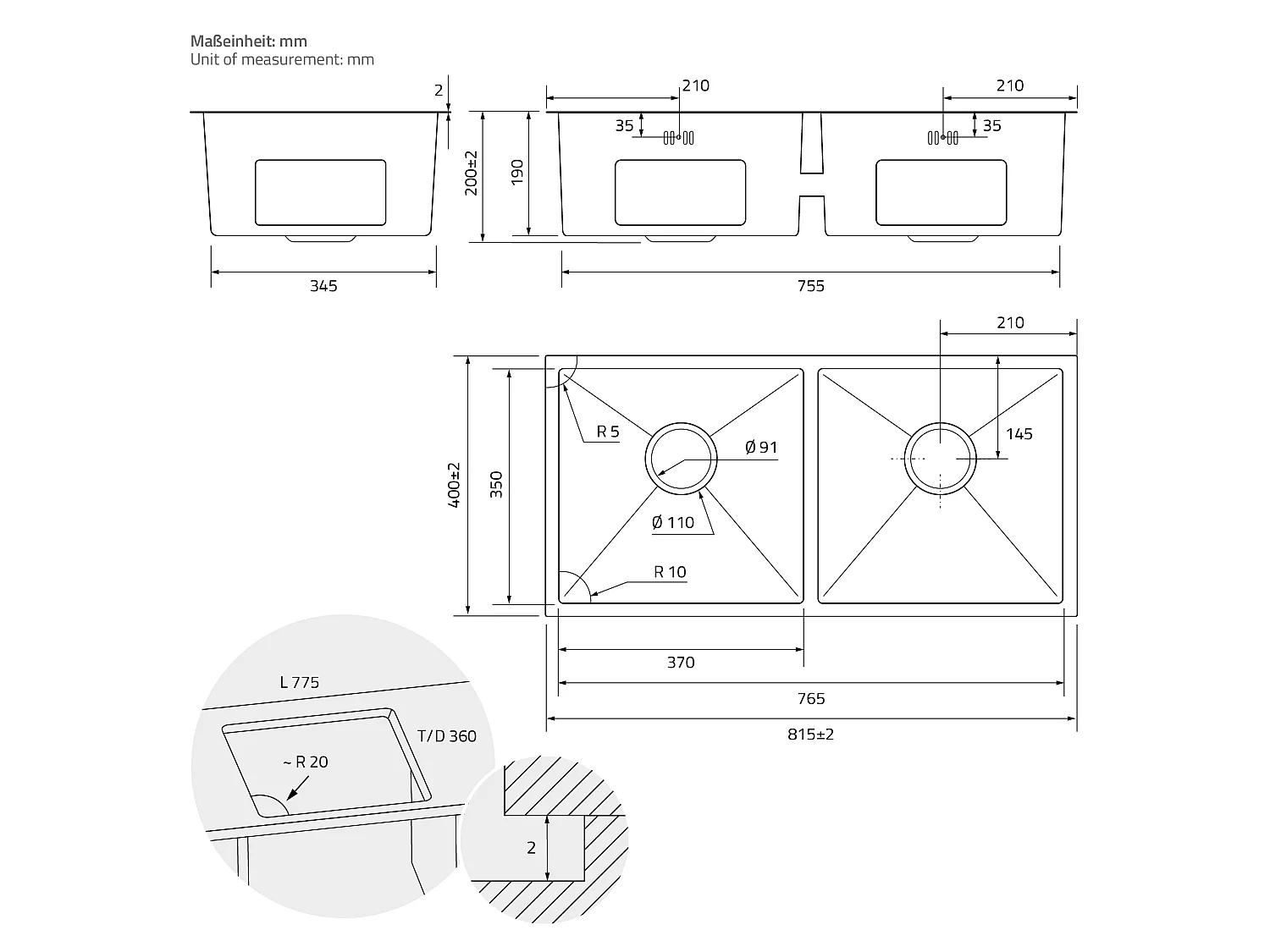 ML-Design Lavello doppio da incasso cucina 81,5 x 40 cm in acciaio inox argento 2 vasche lavabo sottopiano con piletta di scarico e troppopieno