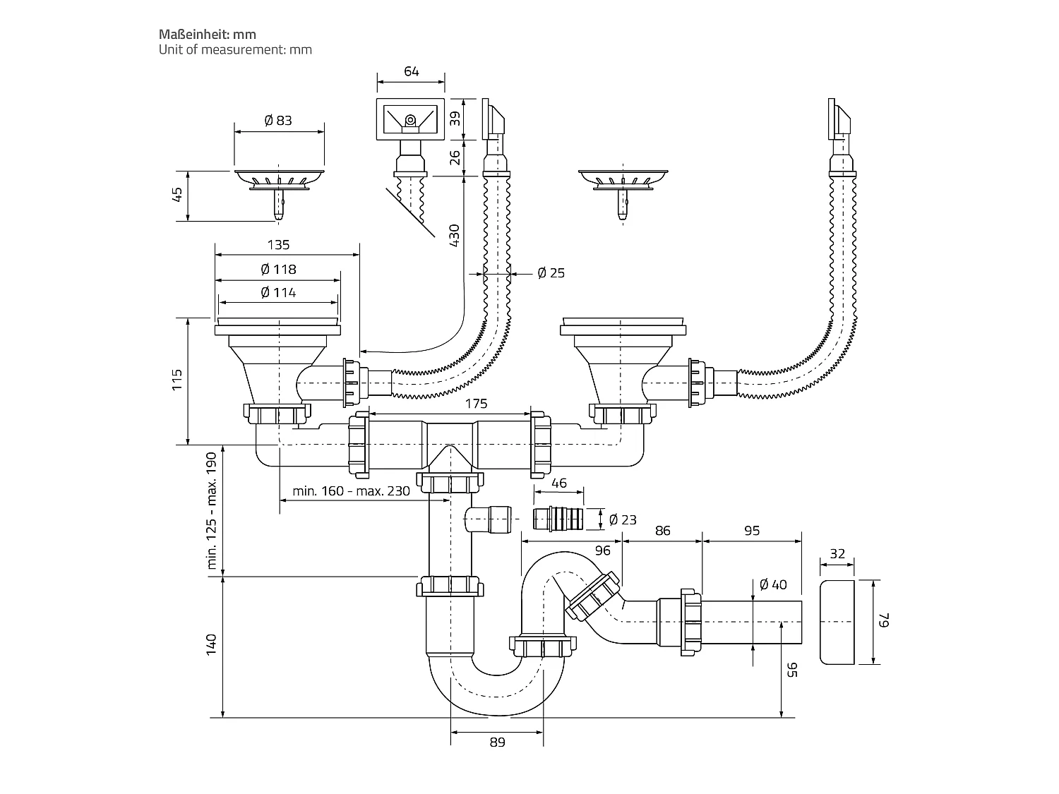 ML-Design Lavello doppio da incasso cucina 81,5 x 40 cm in acciaio inox argento 2 vasche lavabo sottopiano con piletta di scarico e troppopieno