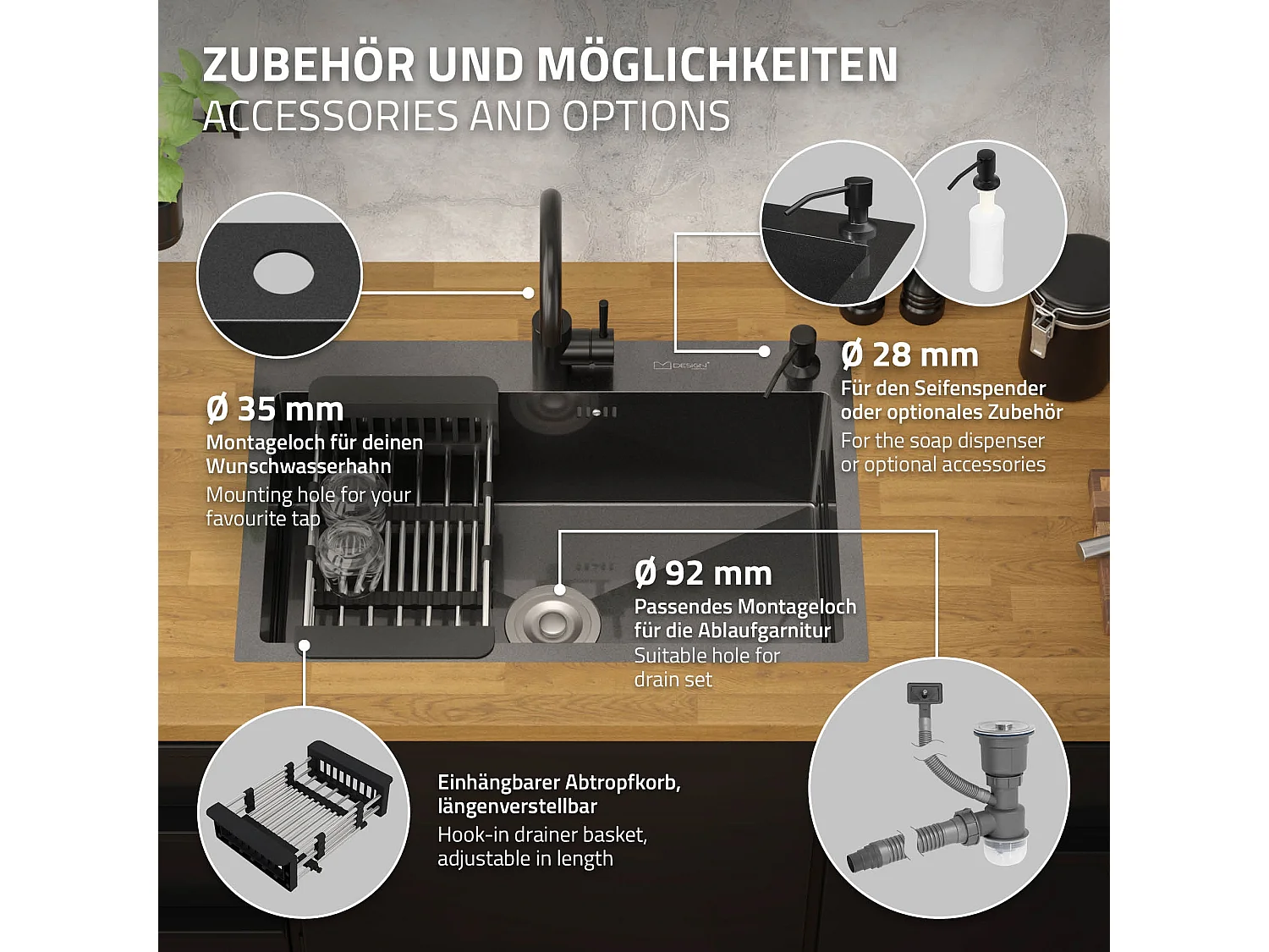 Fregadero de cocina de un seno 68x45 cm lavabo antracita con desagüe/escurridor