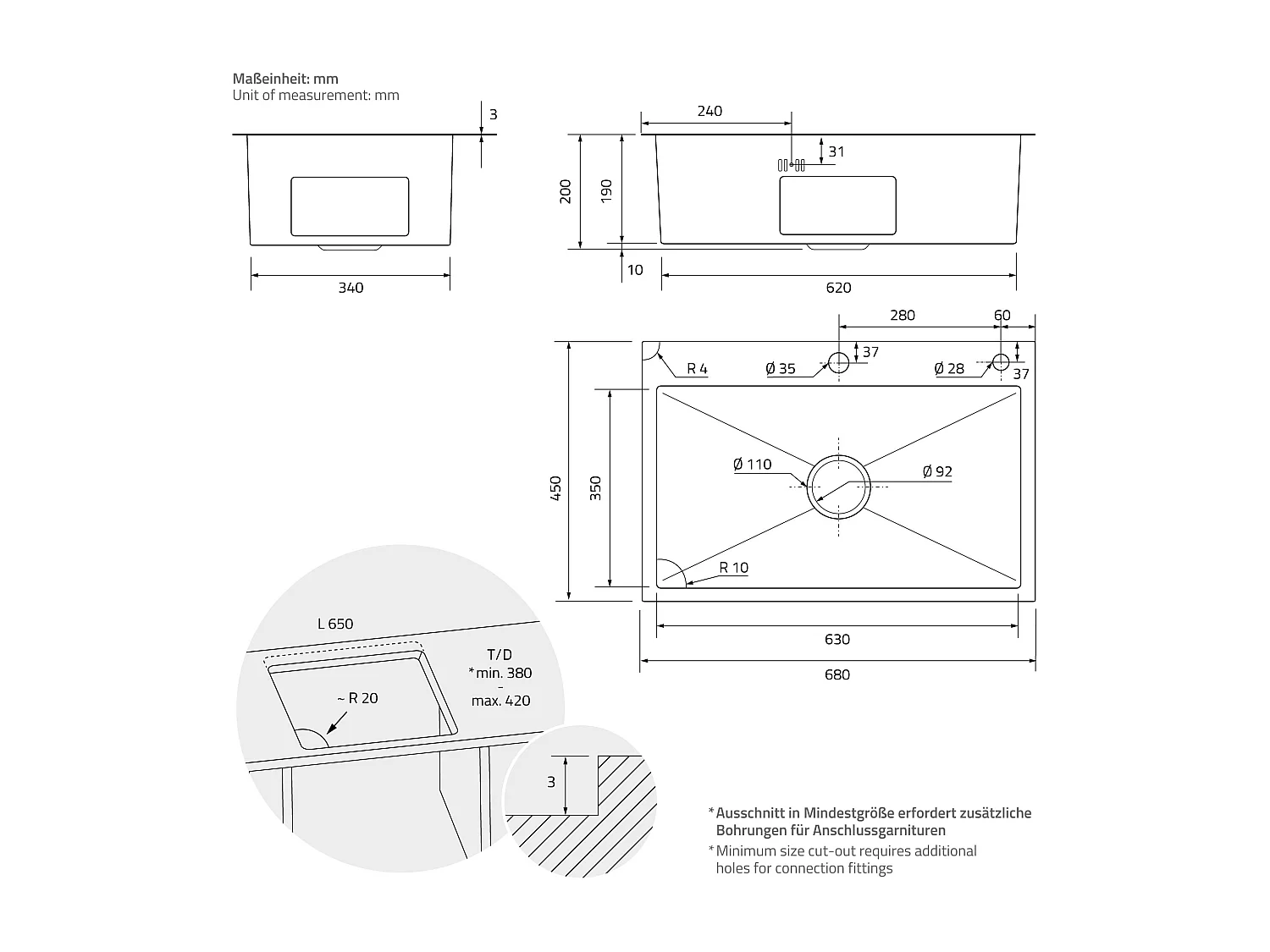 Fregadero de cocina de un seno 68x45 cm lavabo antracita con desagüe/escurridor