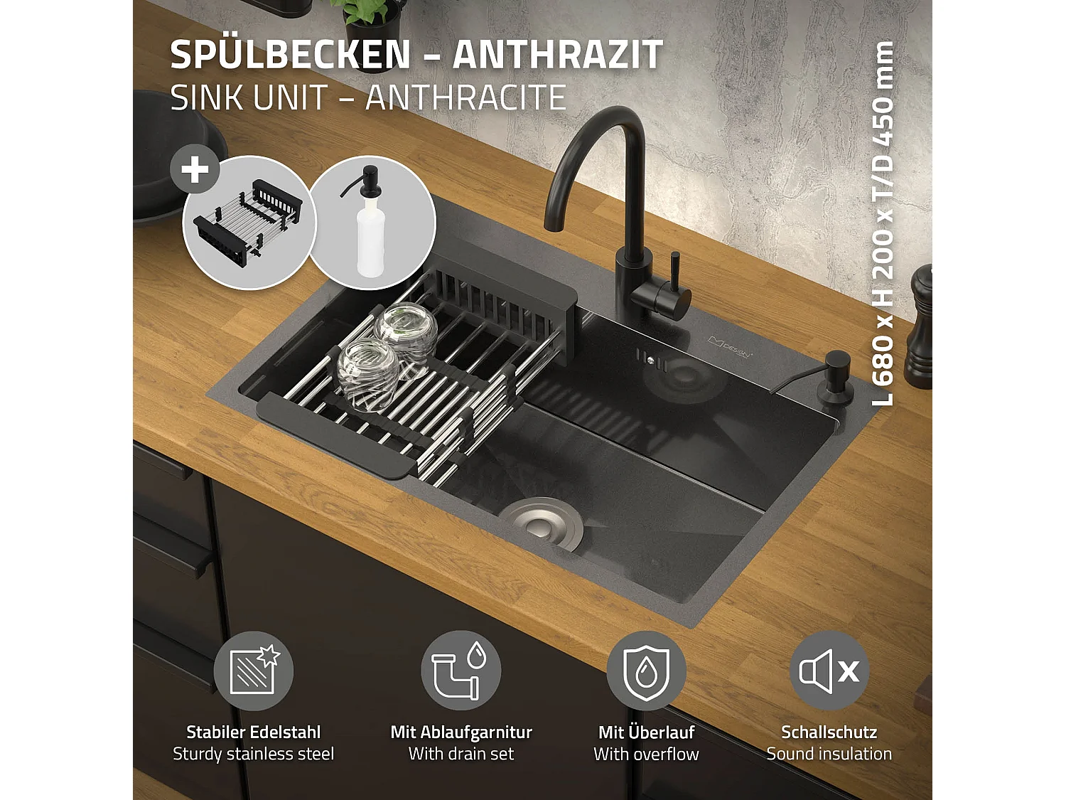 Fregadero de cocina de un seno 68x45 cm lavabo antracita con desagüe/escurridor