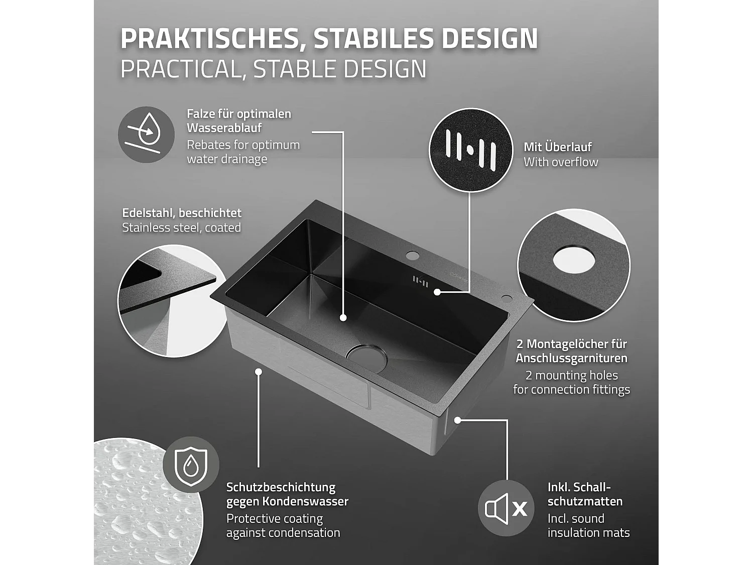 Fregadero de cocina de un seno 68x45 cm lavabo antracita con desagüe/escurridor