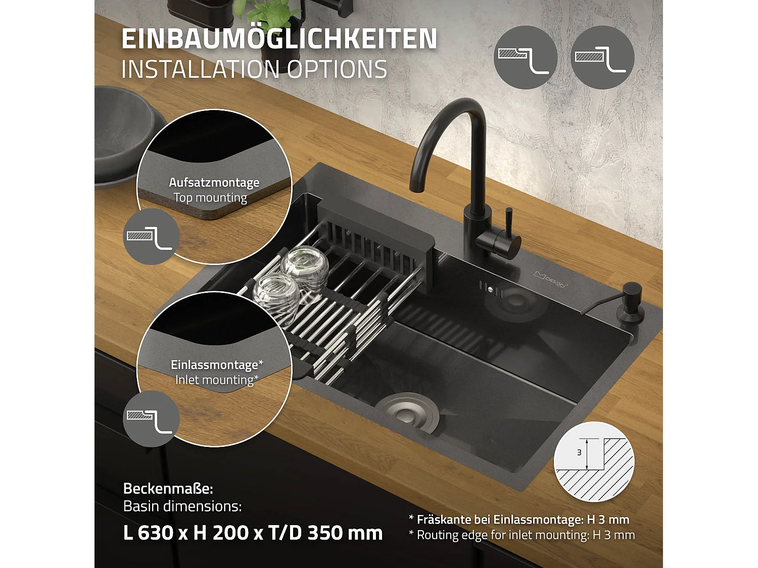 Fregadero de cocina de un seno 68x45 cm lavabo antracita con desagüe/escurridor