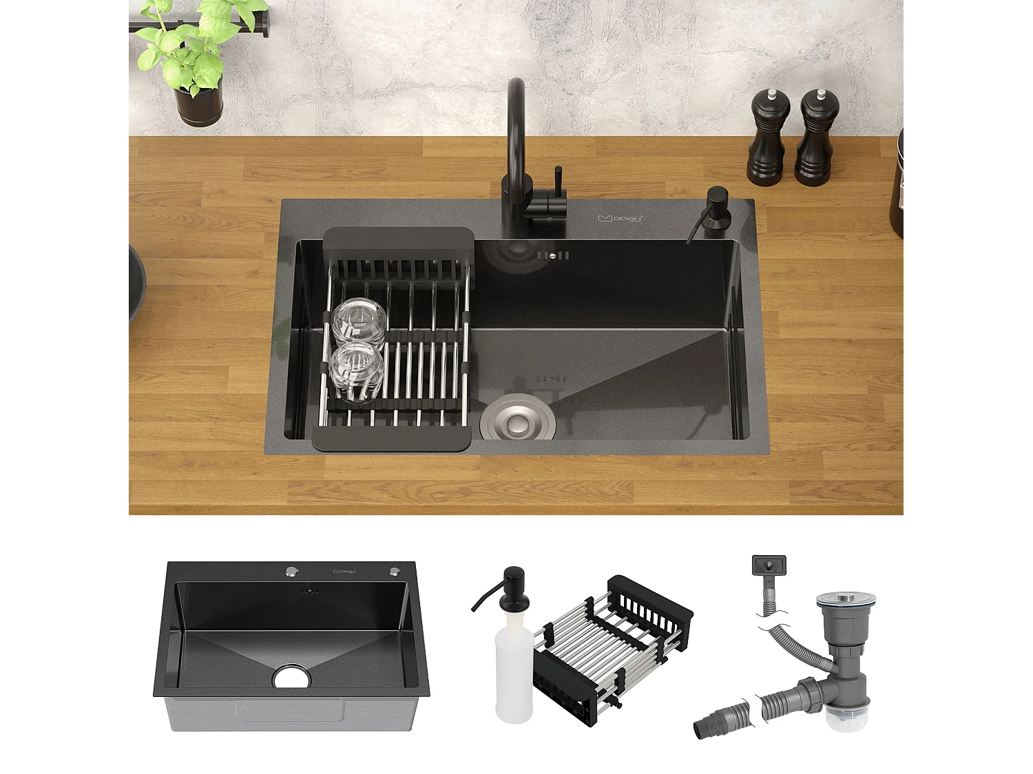 Fregadero de cocina de un seno 68x45 cm lavabo antracita con desagüe/escurridor