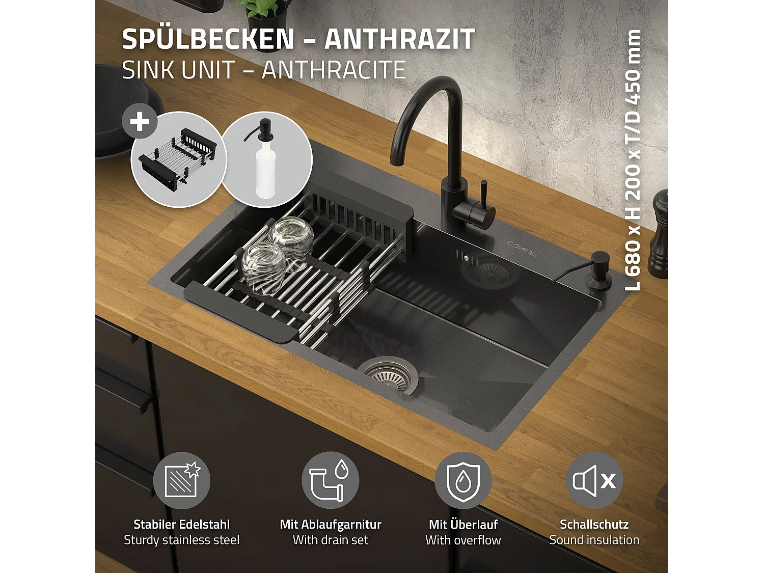 Fregadero de cocina de un seno 68x45 cm lavabo antracita con desagüe/escurridor