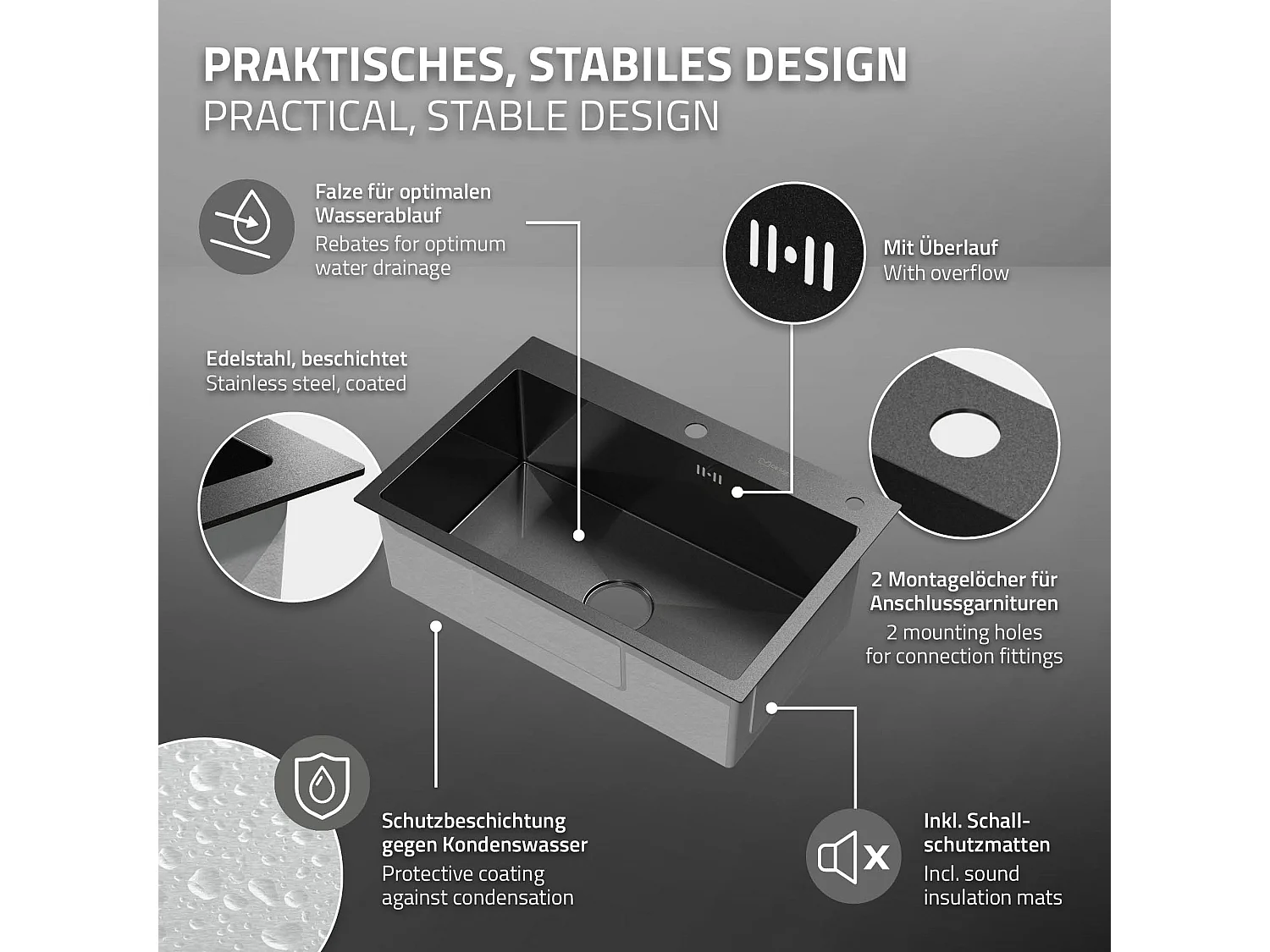 Fregadero de cocina de un seno 68x45 cm lavabo antracita con desagüe/escurridor