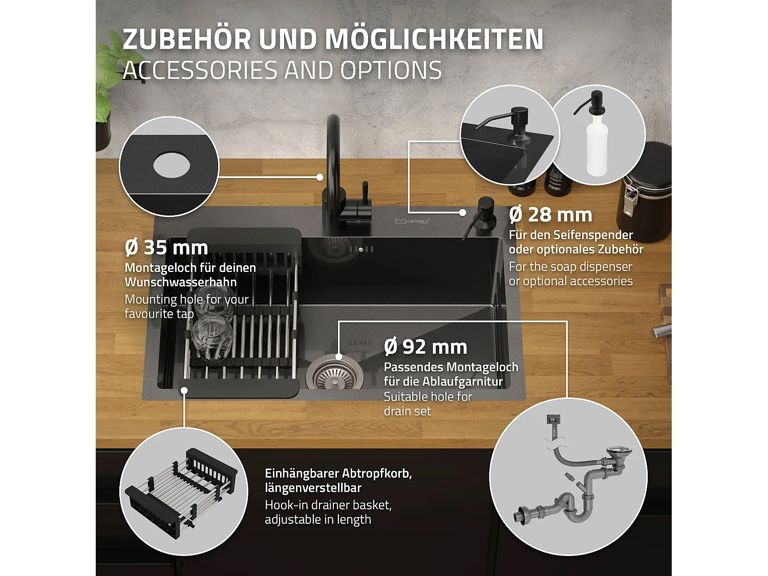 Fregadero de cocina de un seno 68x45 cm lavabo antracita con desagüe/escurridor